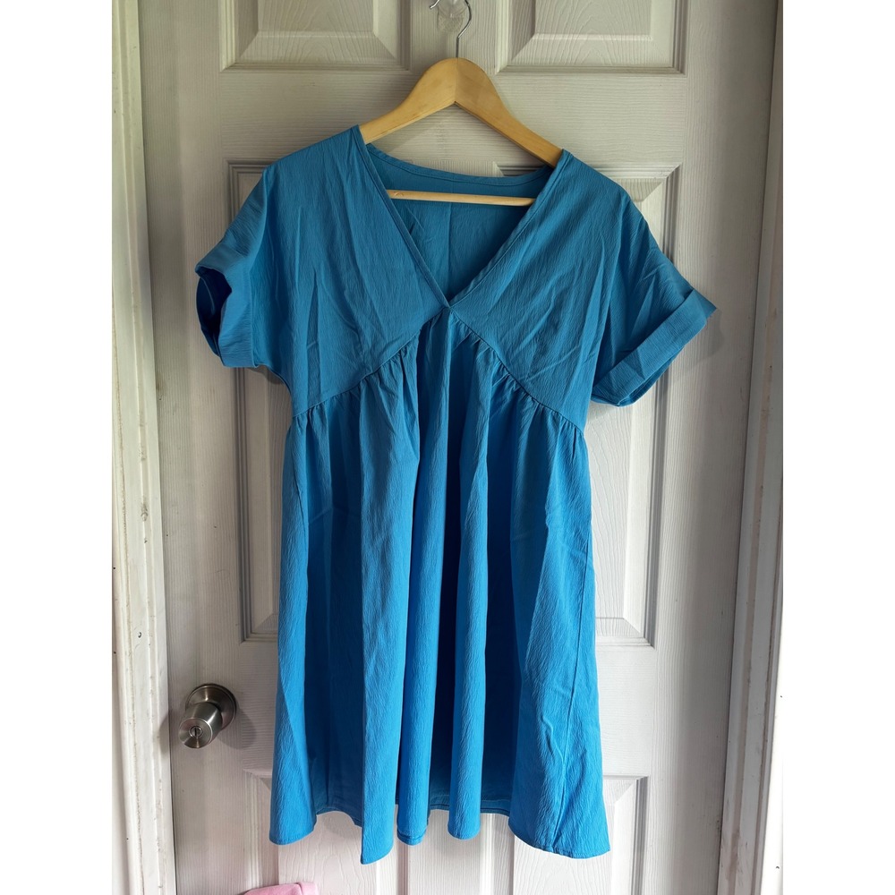 Viral‎ TikTok  Mini Dress Womens Small Blue V-Neck Short Sleeve Empire Waist